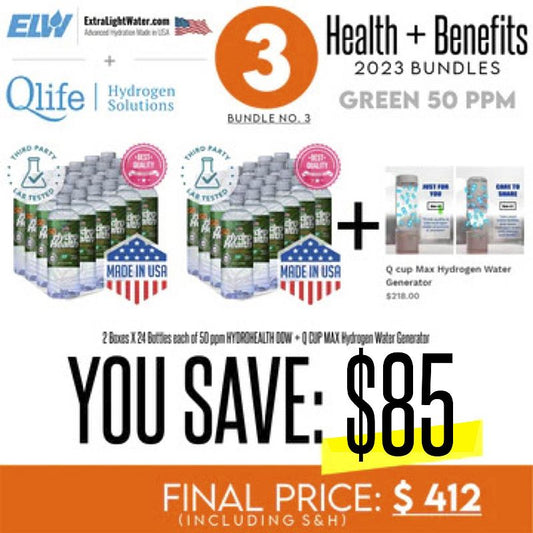 ELW-QCUPMAX-BUNDLE 50 (2 x boxes of 50 ppm water boxes and 1 x Q cup Max Hydrogen Water Generator).Save $85. The price includes S&H.