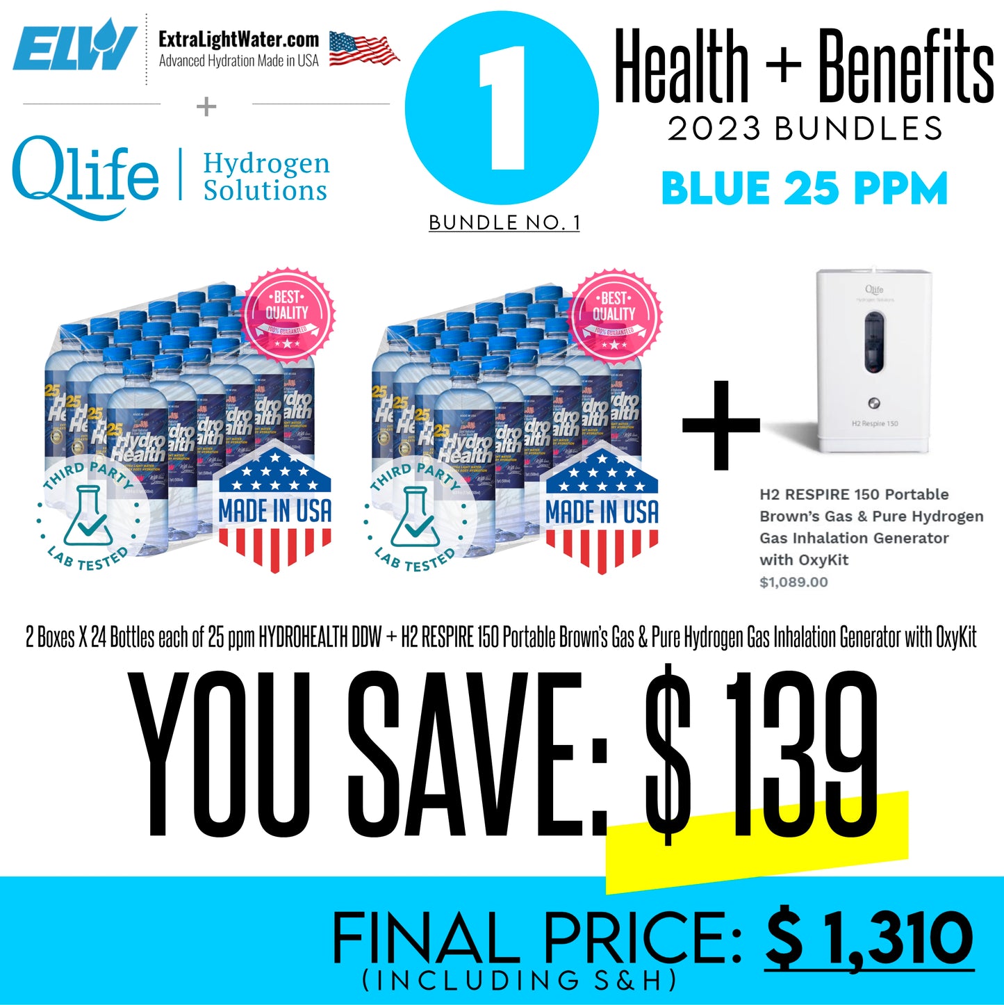 ELW-H2RESP-BUNDLE-25 (2 boxes of 25 ppm and 1 x H2 RESPIRE 150 Portable Brown’s Gas & Pure Hydrogen Gas Inhalation Generator OxyKit- $1310 only, you save $139. The price includes S&H