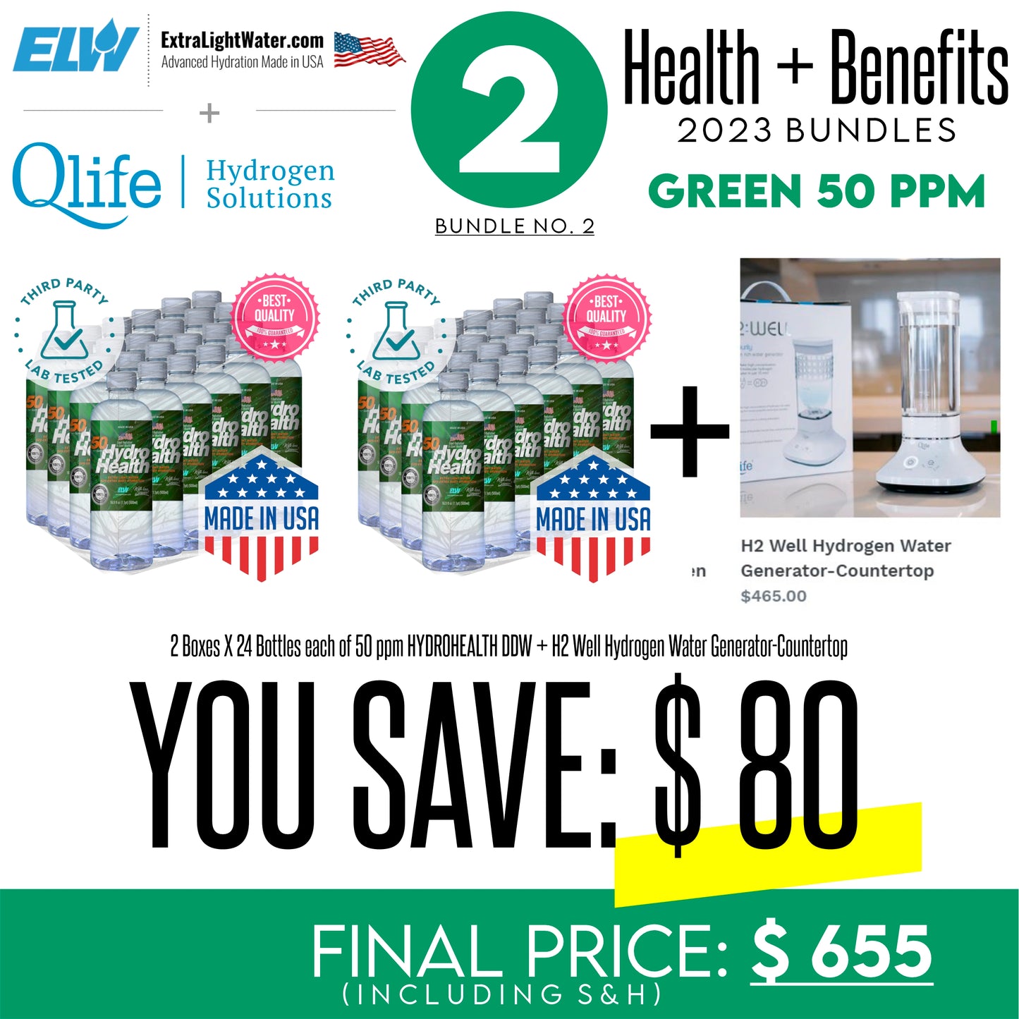 ELW-H2WELL-BUNDLE 50 (2 x boxes of 50 ppm water and 1 x  H2 Well Hydrogen Water Generator-Countertop)