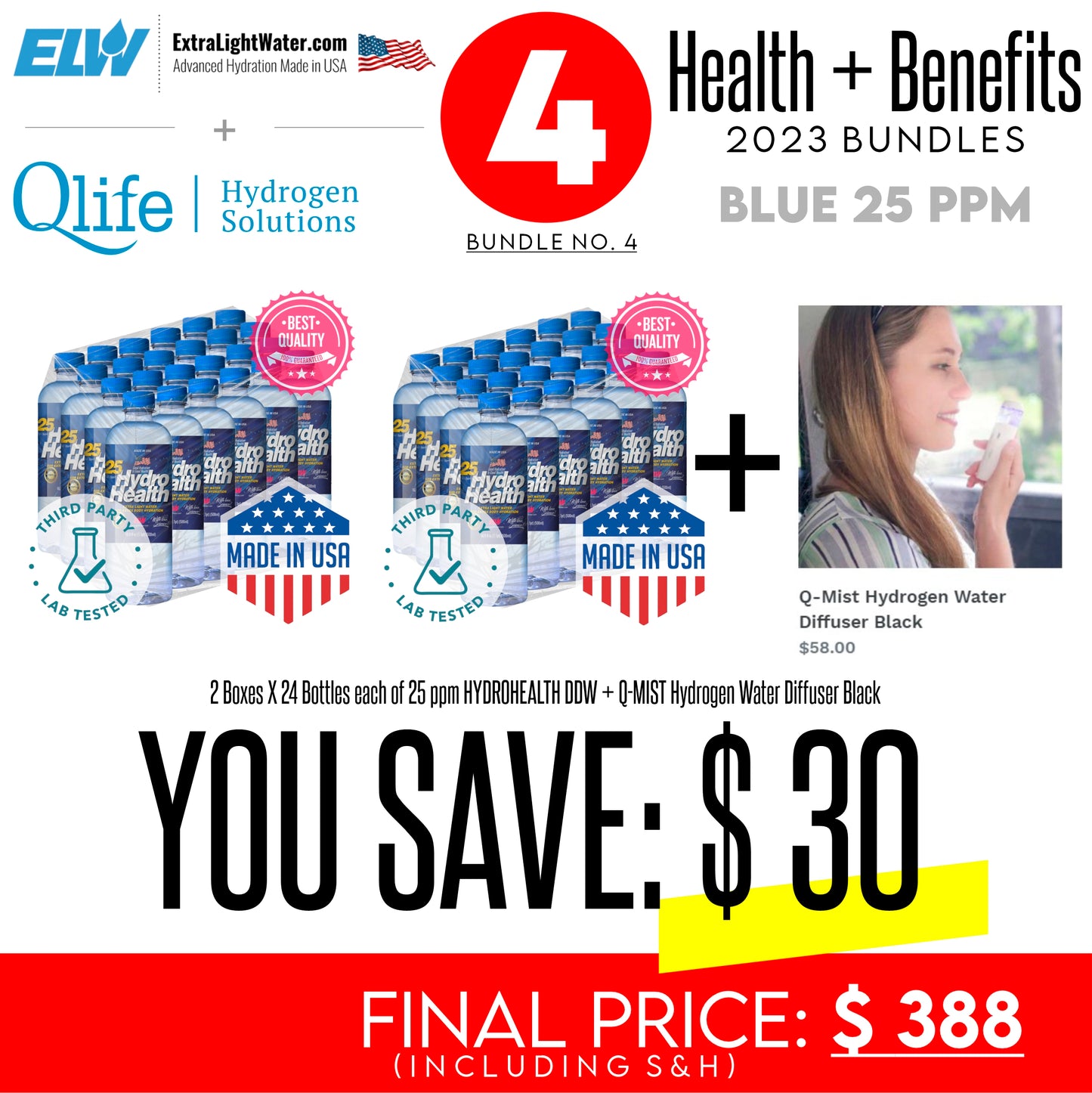 ELW-QMIST BLACK-BUNDLE-25 (2 boxes of 25 ppm water and 1 x Q-Mist Hydrogen Water Diffuser Black)-Save $30. The price includes S&H.-Save $30. The price includes S&H.