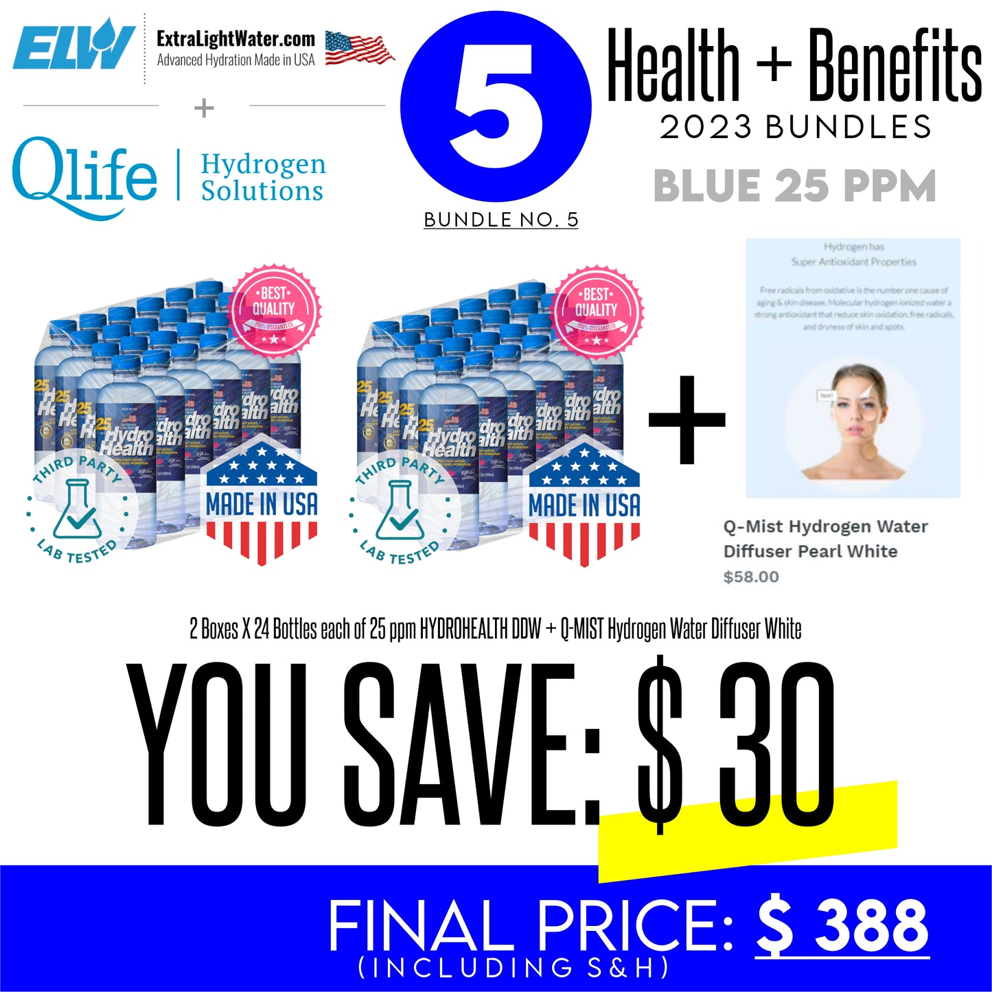 ELW-QMIST WHITE BUNDLE-25 (2 boxes of 25 ppm water and 1 x Q-Mist Hydrogen Water Diffuser Pearl White