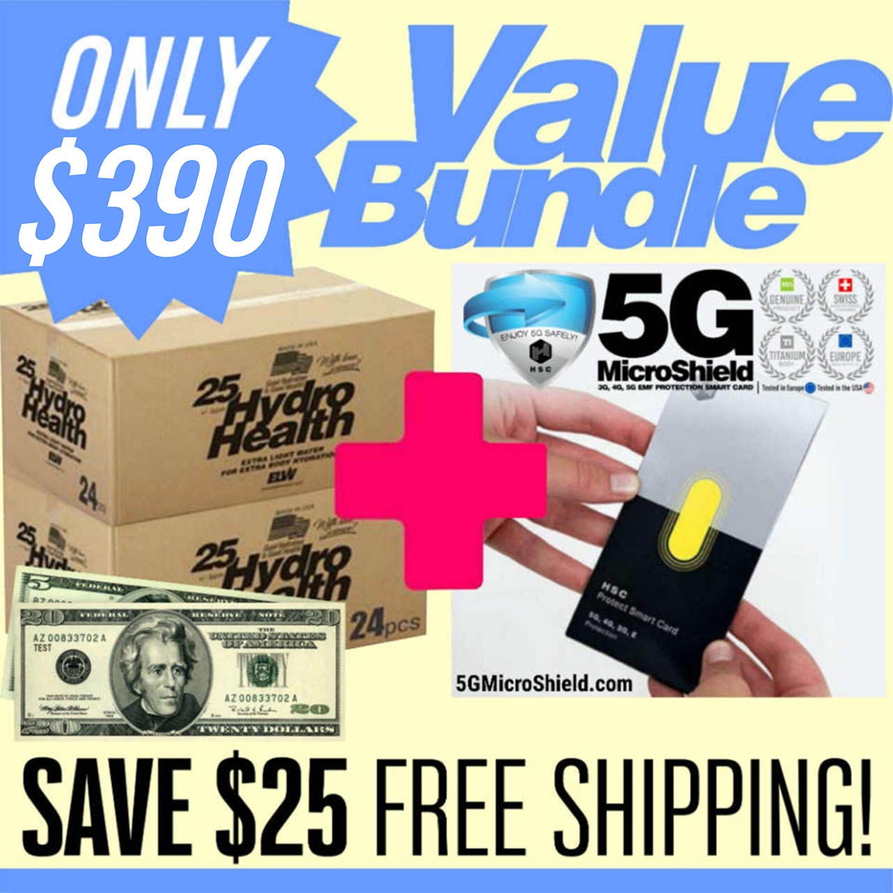 25 ppm DDW bundle (2 cases-48 bottles-500 ML each ) +one 3G,4G,5G  protection card for $395, you save $32-free delivery